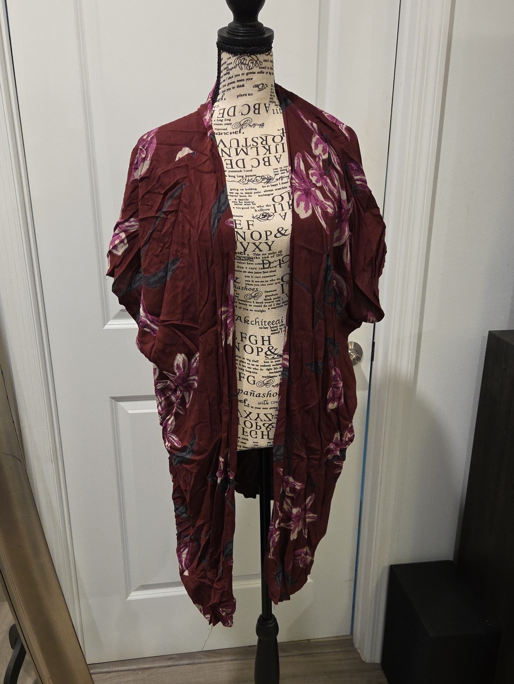 Angie Burgundy Floral Draped Open-Front Kimono Size M!